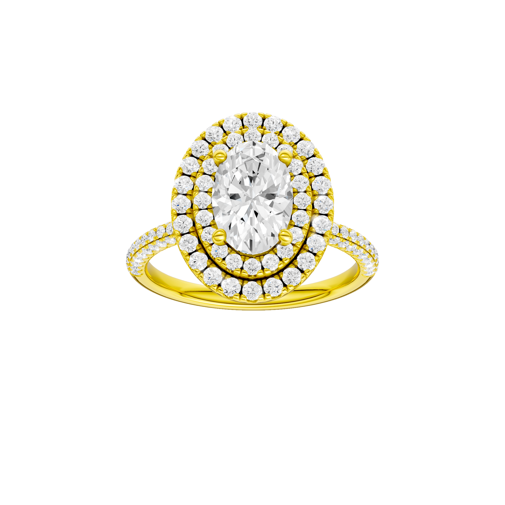 Oval-cut diamond engagement ring with a pavé-set diamond band and double-halo setting.