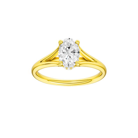 Oval-cut diamond engagement ring with a plain band and hidden-halo setting.
