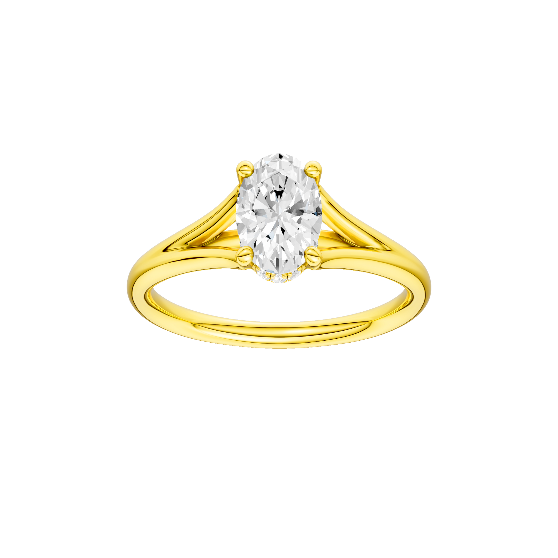 Oval-cut diamond engagement ring with a plain band and hidden-halo setting.