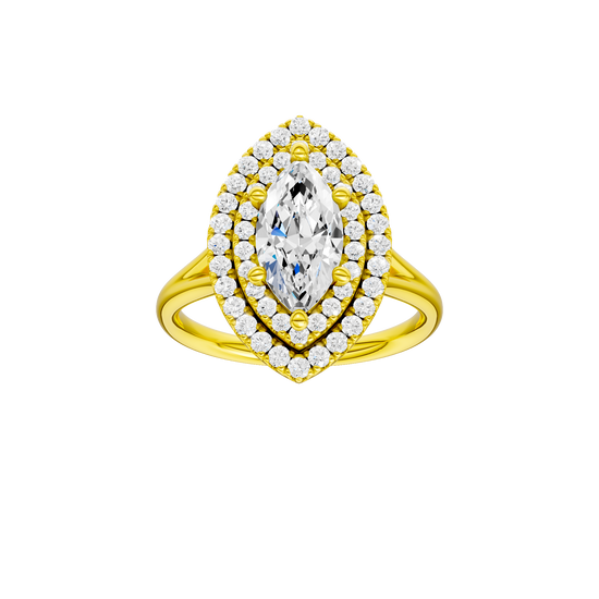 Marquise-cut diamond engagement ring with a plain band and double-halo setting.
