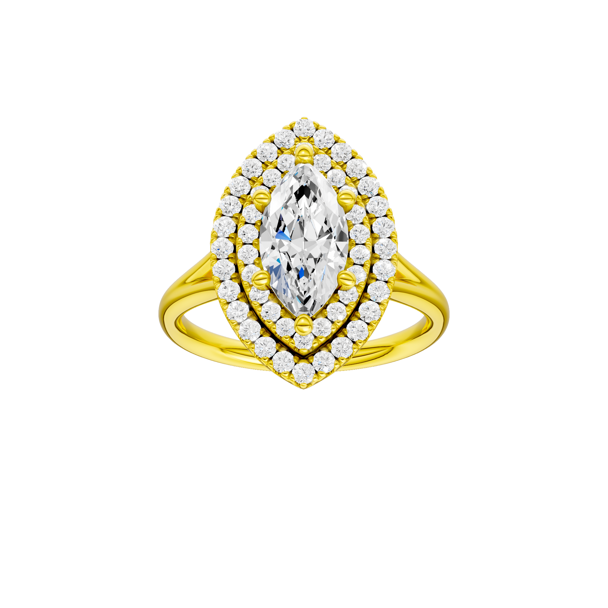 Marquise-cut diamond engagement ring with a plain band and double-halo setting.