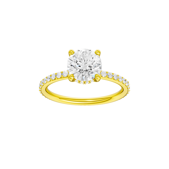 Round-cut diamond engagement ring with a prong-set diamond band and hidden-halo setting.