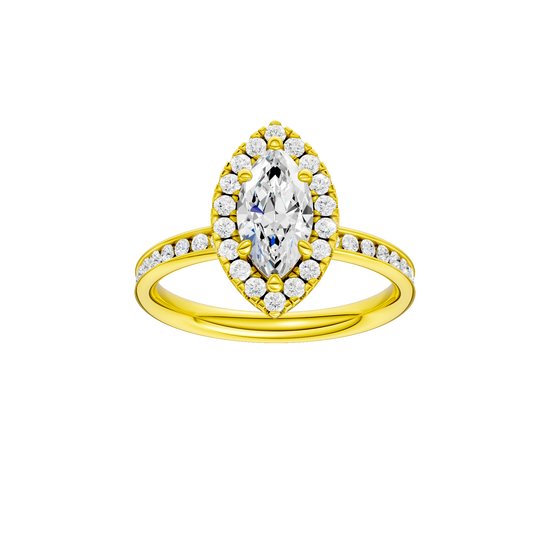 Marquise-cut diamond engagement ring with a channel-set diamond band and halo setting.