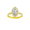 Marquise-cut diamond engagement ring with a channel-set diamond band and halo setting.