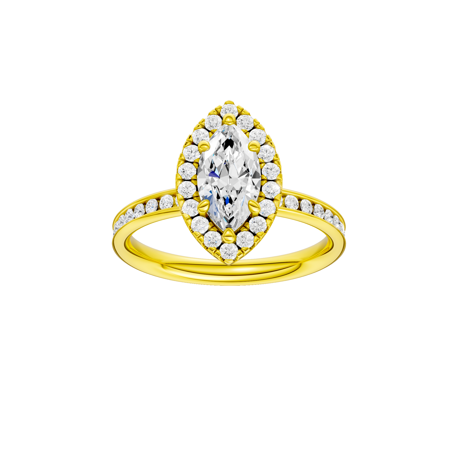 Marquise-cut diamond engagement ring with a channel-set diamond band and halo setting.