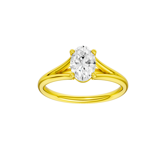 Oval-cut diamond engagement ring with a plain band and solitaire setting.