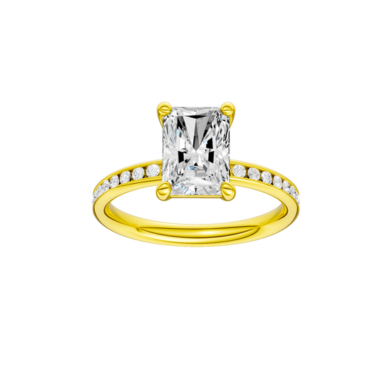 Radiant-cut diamond engagement ring with a channel-set diamond band and solitaire setting.