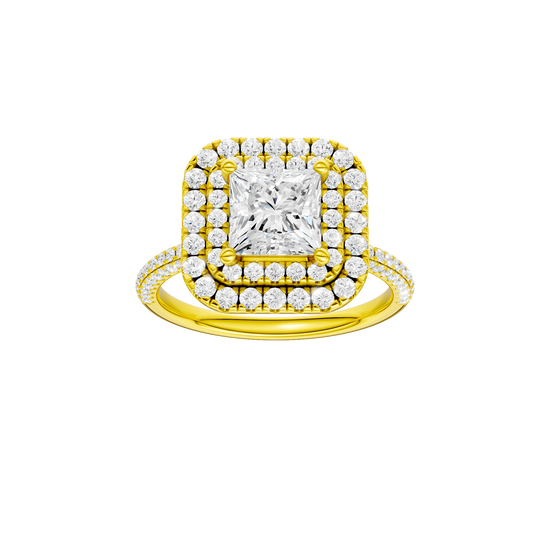 Princess-cut diamond engagement ring with a pavé-set diamond band and double-halo setting.