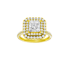 Princess-cut diamond engagement ring with a pavé-set diamond band and double-halo setting.