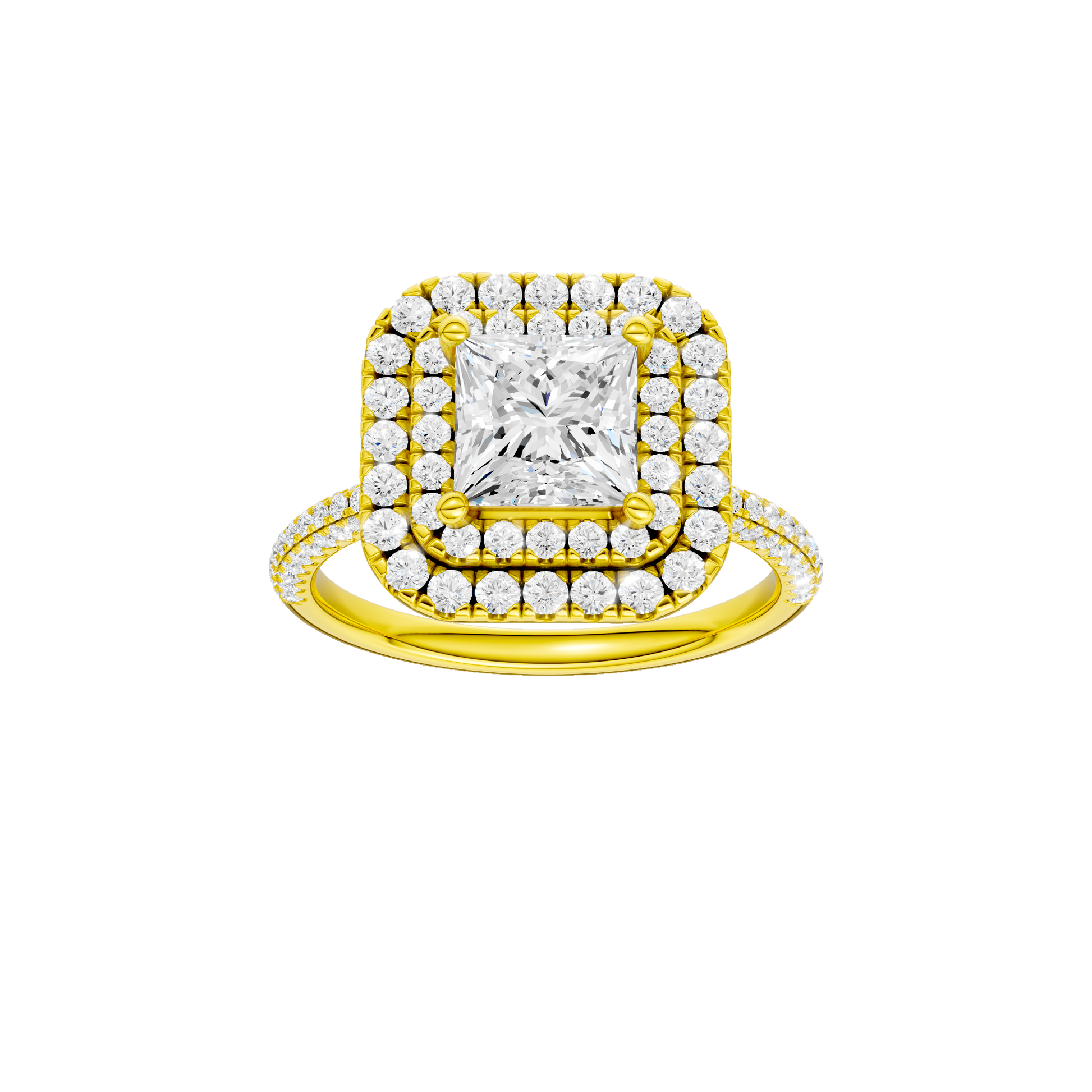 Princess-cut diamond engagement ring with a pavé-set diamond band and double-halo setting.