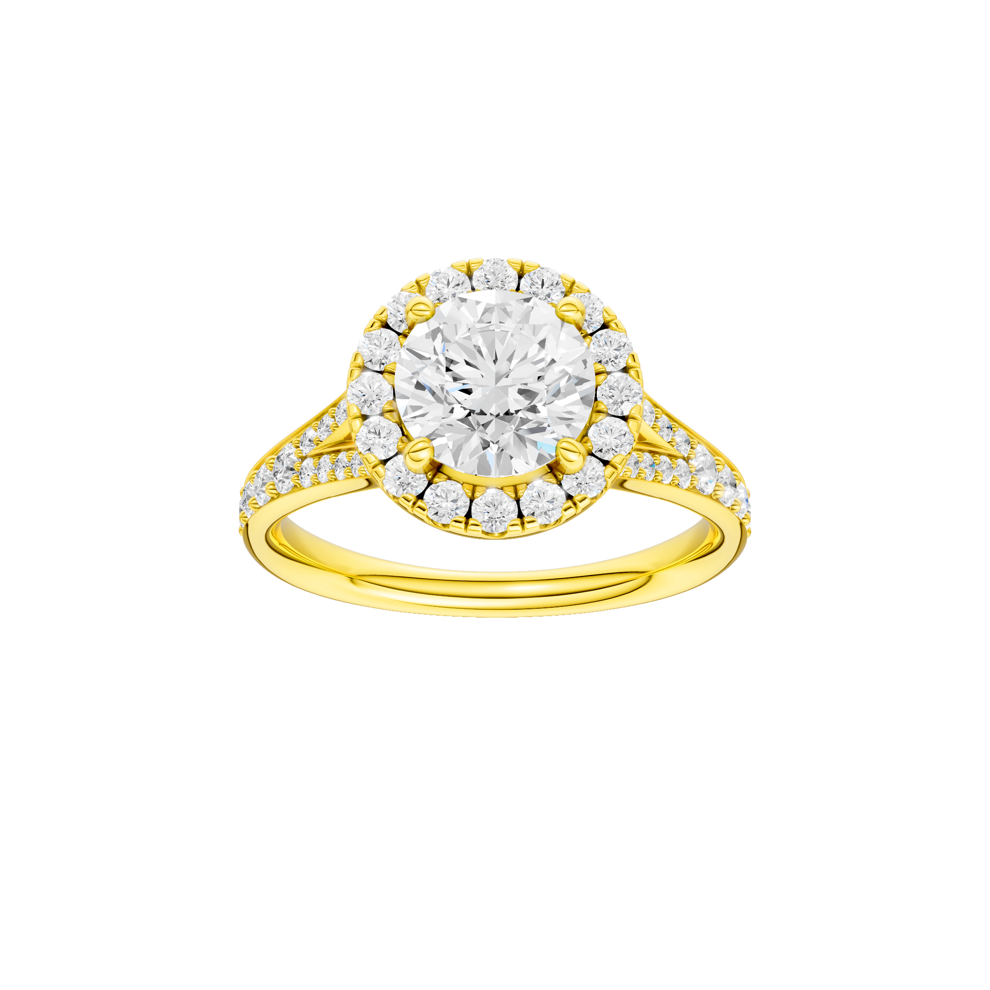 Round-cut diamond engagement ring with a channel-set diamond band and halo setting.
