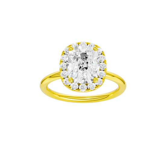Elongated cushion-cut diamond engagement ring in 14k yellow gold with a plain band and halo setting