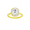 Elongated cushion-cut diamond engagement ring in 14k yellow gold with a plain band and halo setting