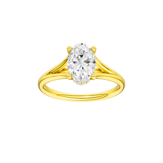 Oval-cut diamond engagement ring with a plain band and hidden-halo setting.