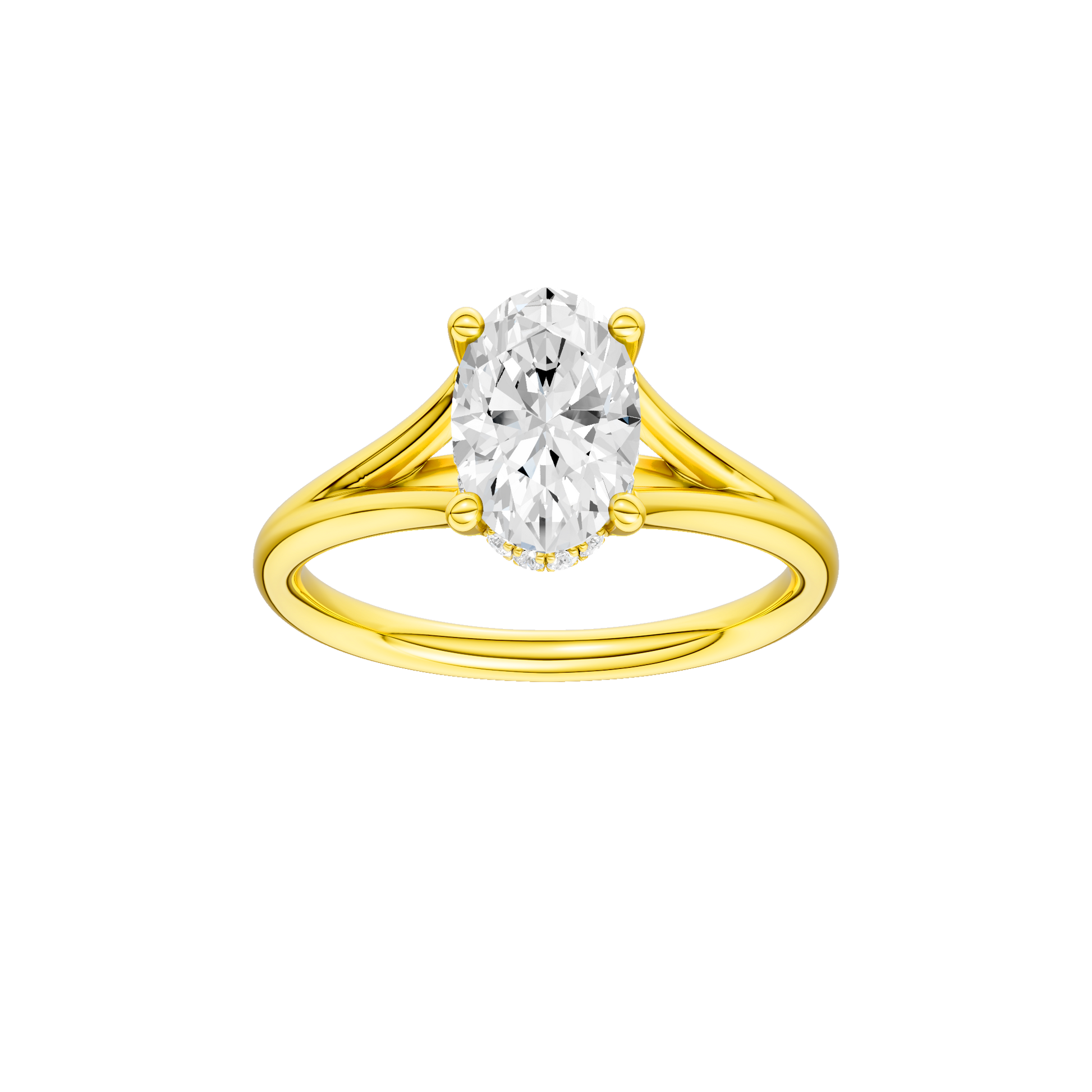 Oval-cut diamond engagement ring with a plain band and hidden-halo setting.