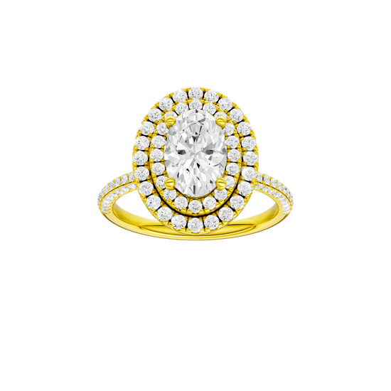 Oval-cut diamond engagement ring with a pavé-set diamond band and double-halo setting.