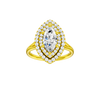 Marquise-cut diamond engagement ring with a plain band and double-halo setting.