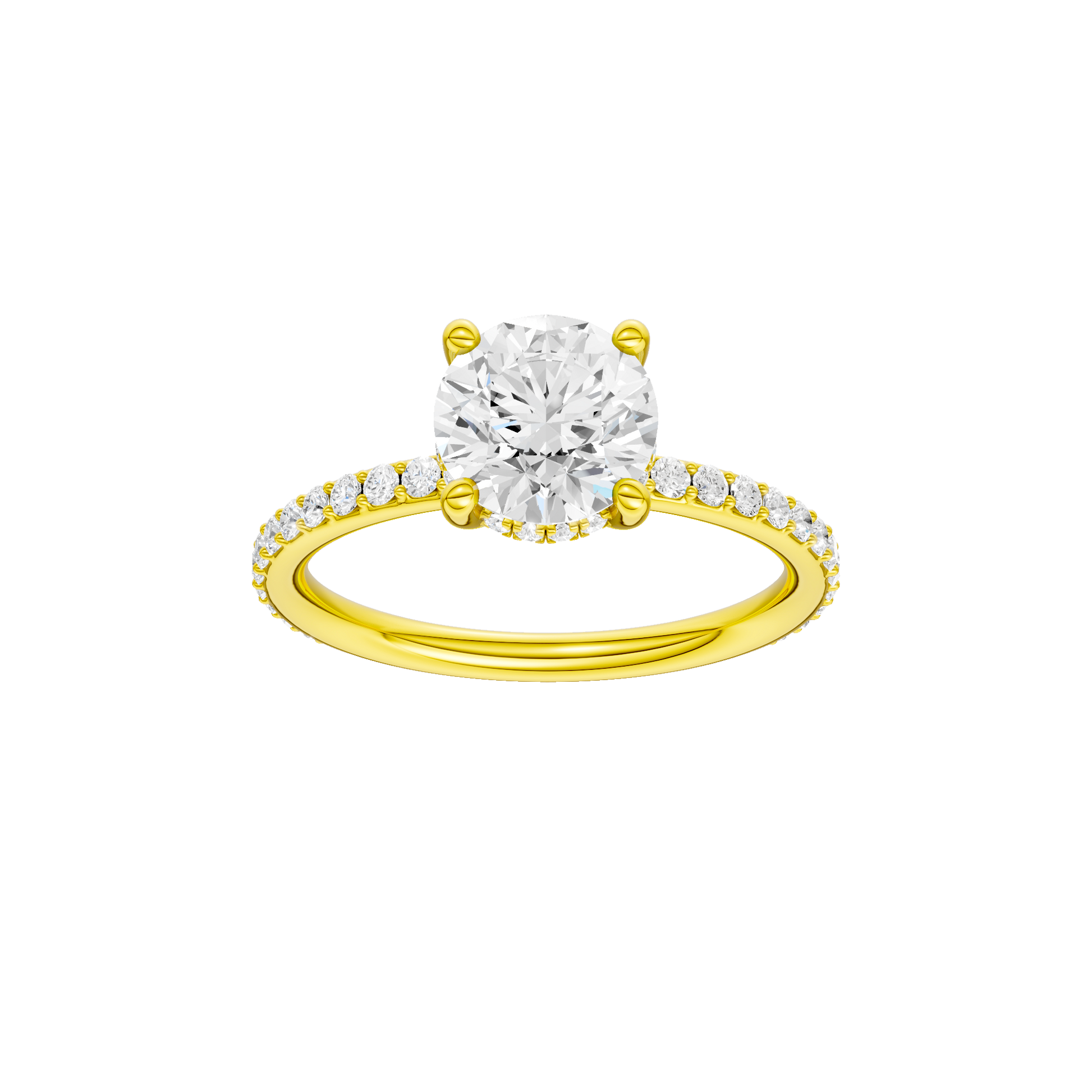 Round-cut diamond engagement ring with a prong-set diamond band and hidden-halo setting.