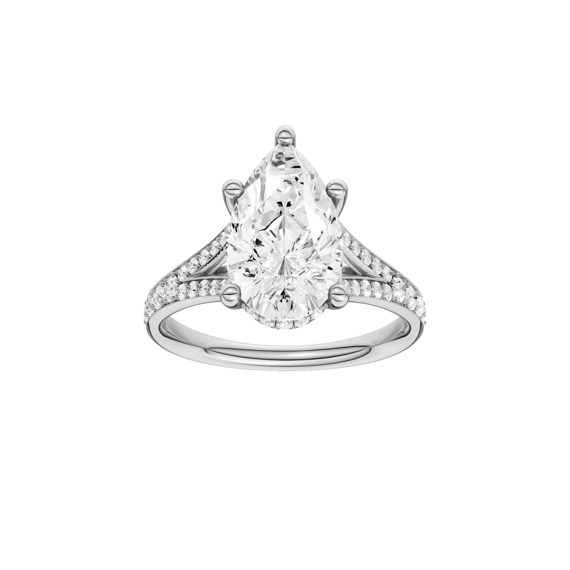 Pear-cut diamond engagement ring with a channel-set diamond band and hidden-halo setting.