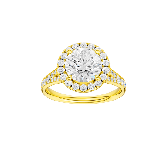 Round-cut diamond engagement ring with a channel-set diamond band and halo setting.