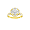 Round-cut diamond engagement ring with a channel-set diamond band and halo setting.