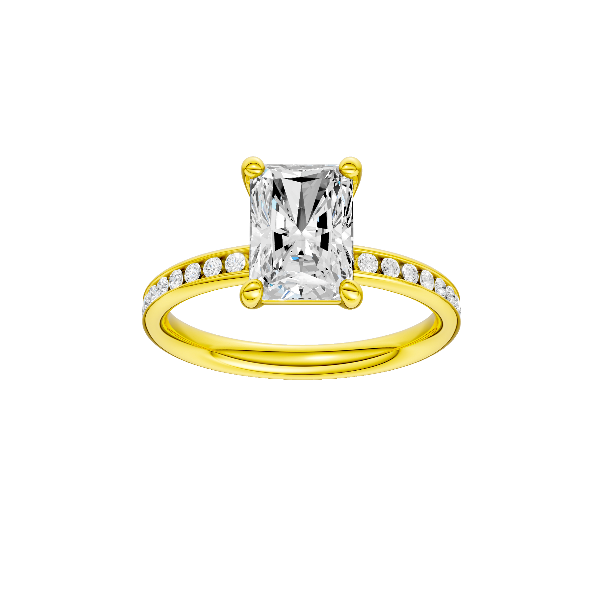 Radiant-cut diamond engagement ring with a channel-set diamond band and solitaire setting.