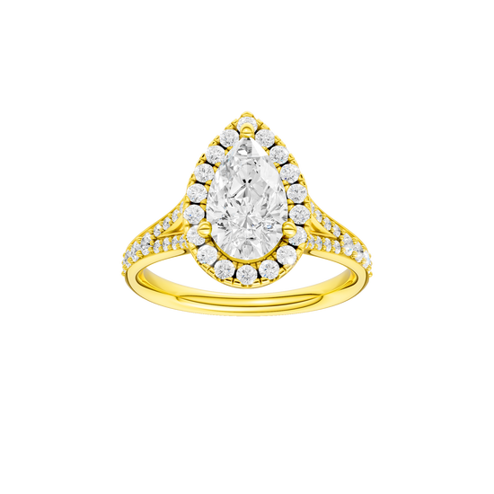 Pear-cut diamond engagement ring with a channel-set diamond band and halo setting.