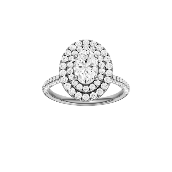 Oval-cut diamond engagement ring with a pavé-set diamond band and double-halo setting.