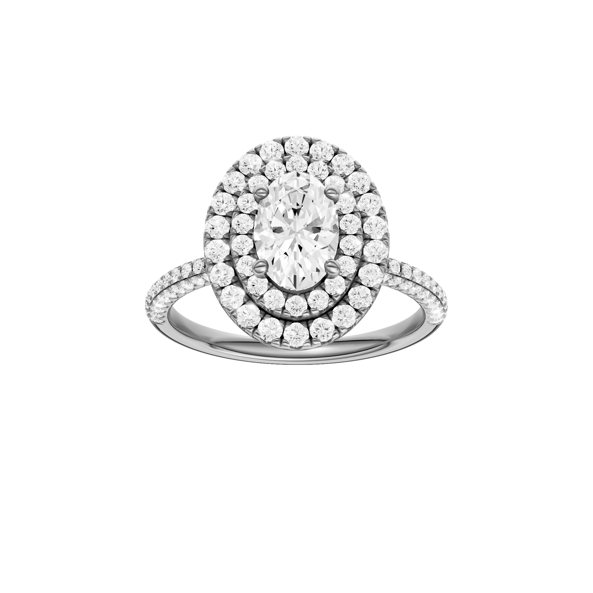 Oval-cut diamond engagement ring with a pavé-set diamond band and double-halo setting.