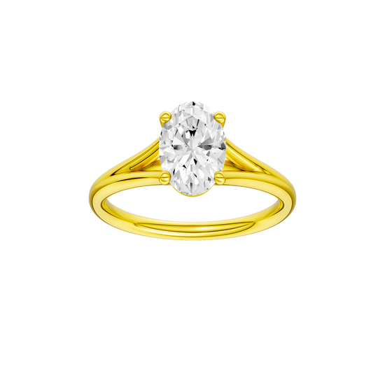 Oval-cut diamond engagement ring with a plain band and solitaire setting.
