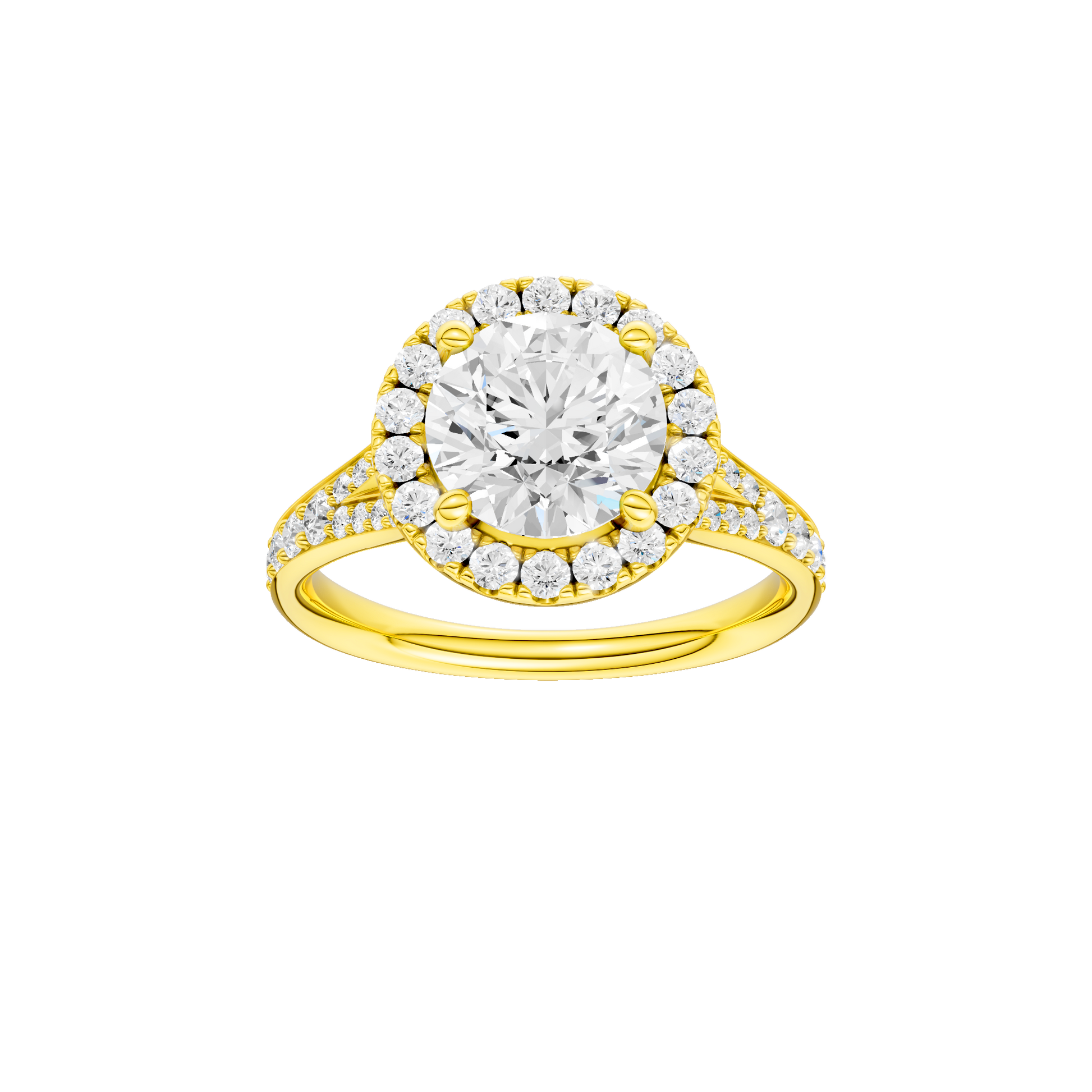 Round-cut diamond engagement ring with a channel-set diamond band and halo setting.