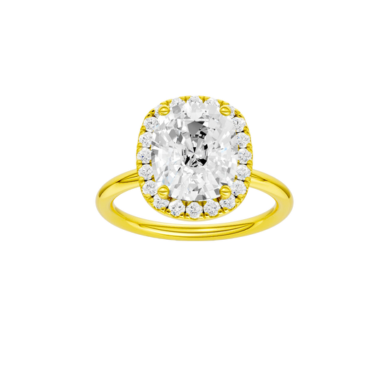 Elongated cushion-cut diamond engagement ring in 14k yellow gold with a plain band and halo setting