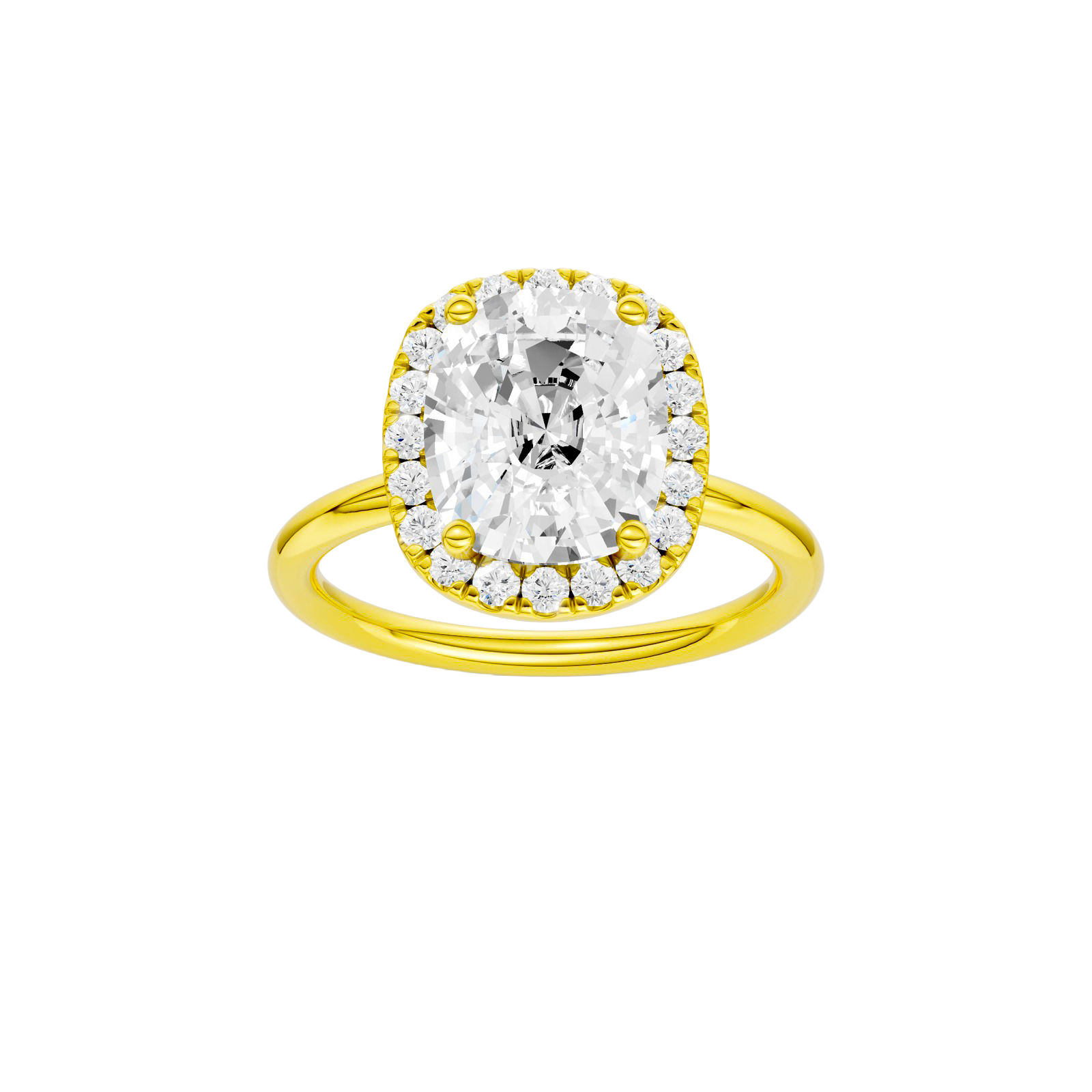 Elongated cushion-cut diamond engagement ring in 14k yellow gold with a plain band and halo setting