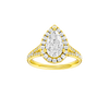 Pear-cut diamond engagement ring with a channel-set diamond band and halo setting.