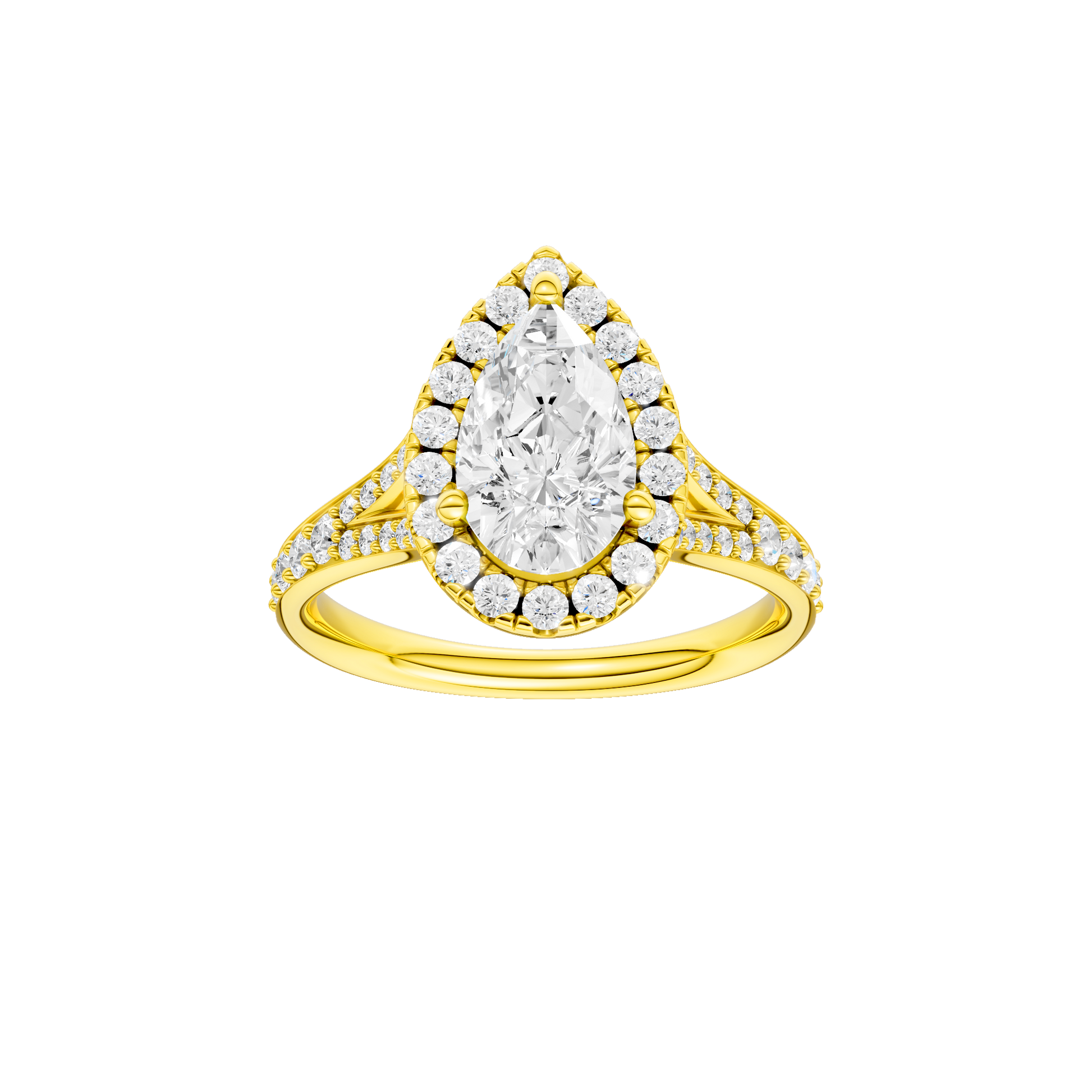 Pear-cut diamond engagement ring with a channel-set diamond band and halo setting.