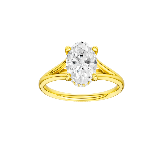 Oval-cut diamond engagement ring with a plain band and hidden-halo setting.