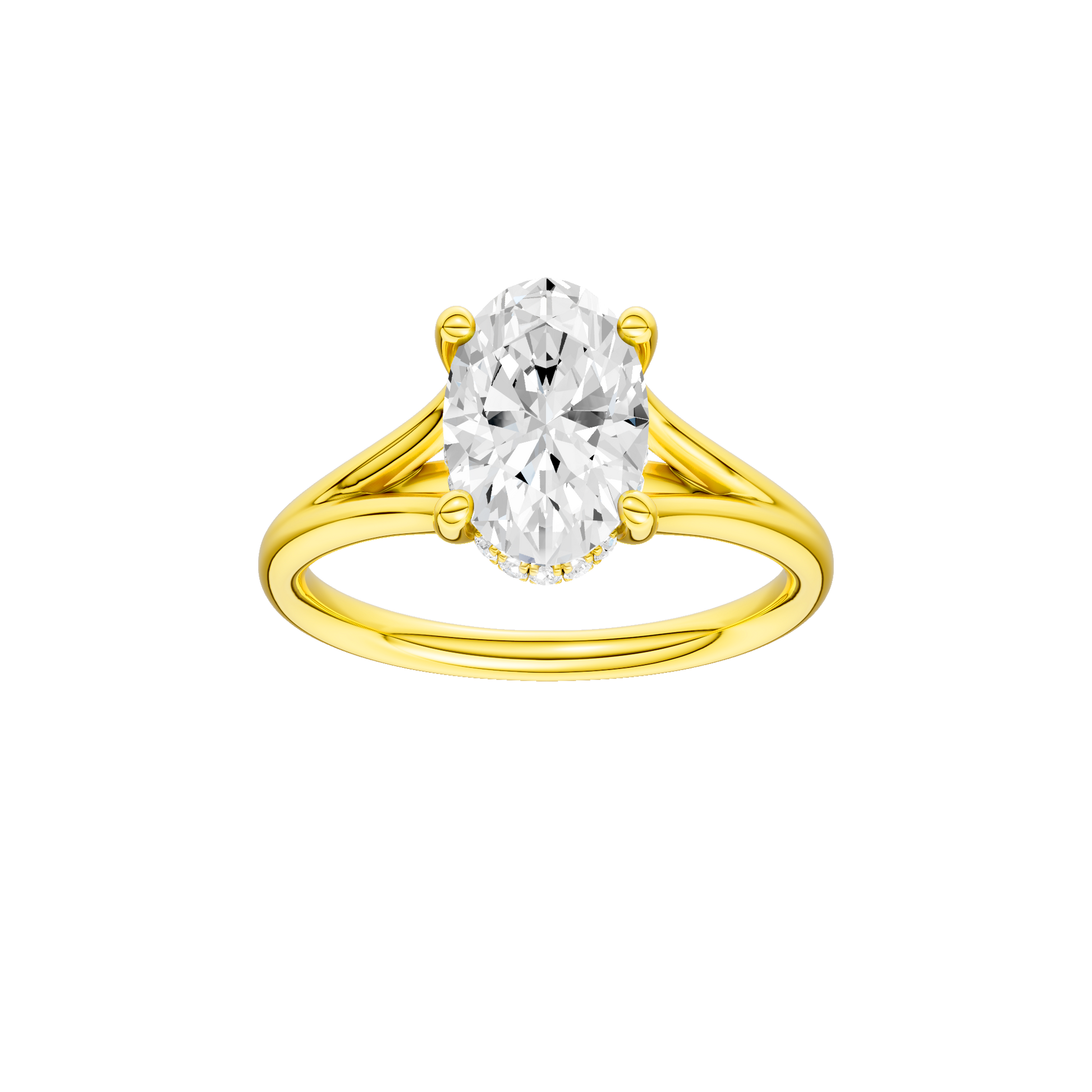 Oval-cut diamond engagement ring with a plain band and hidden-halo setting.