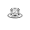 Princess-cut diamond engagement ring with a pavé-set diamond band and double-halo setting.