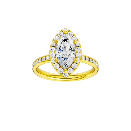 Marquise-cut diamond engagement ring with a channel-set diamond band and halo setting.
