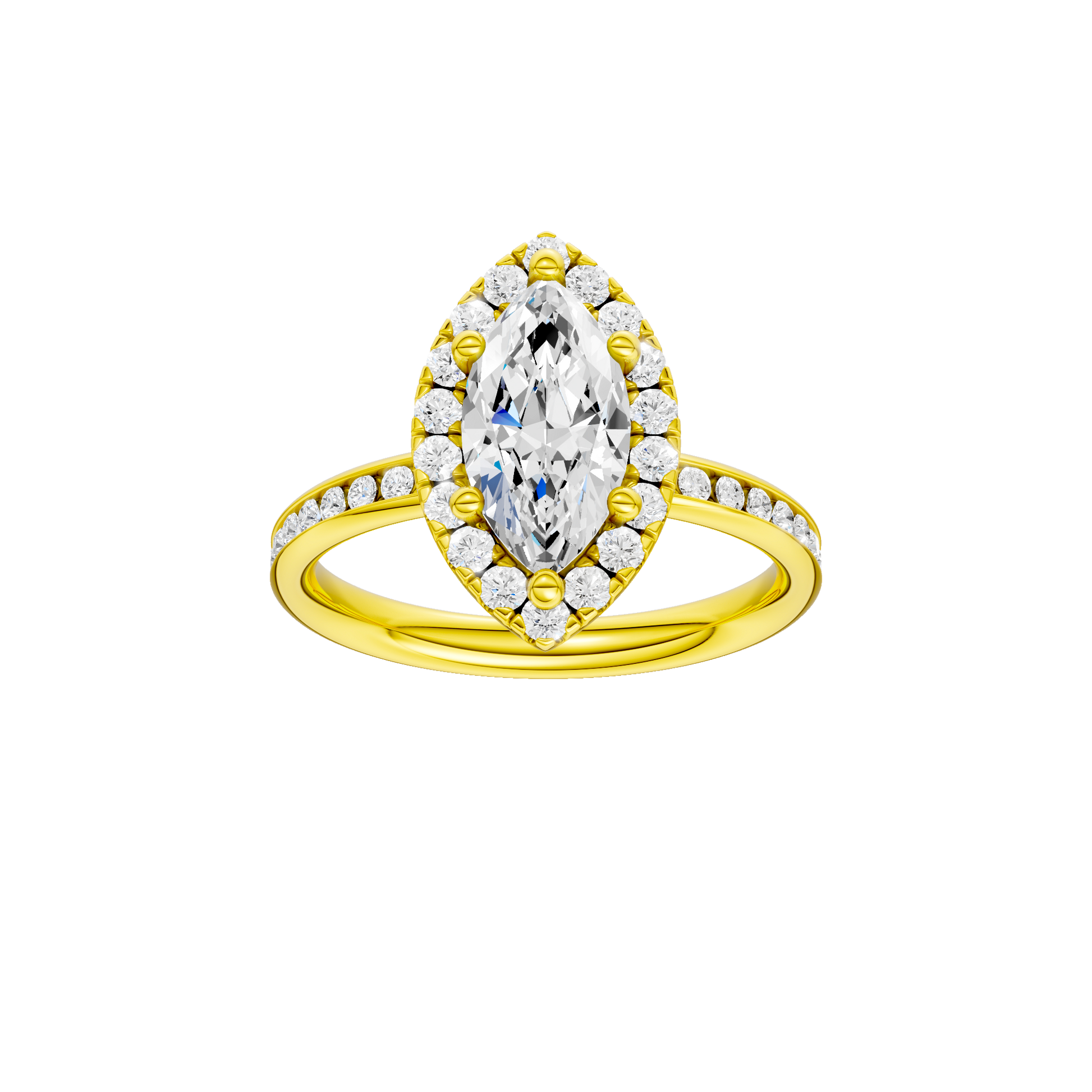 Marquise-cut diamond engagement ring with a channel-set diamond band and halo setting.