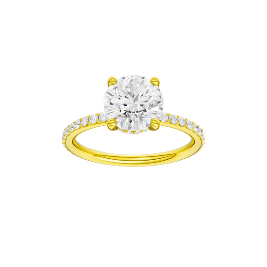 Round-cut diamond engagement ring with a prong-set diamond band and hidden-halo setting.