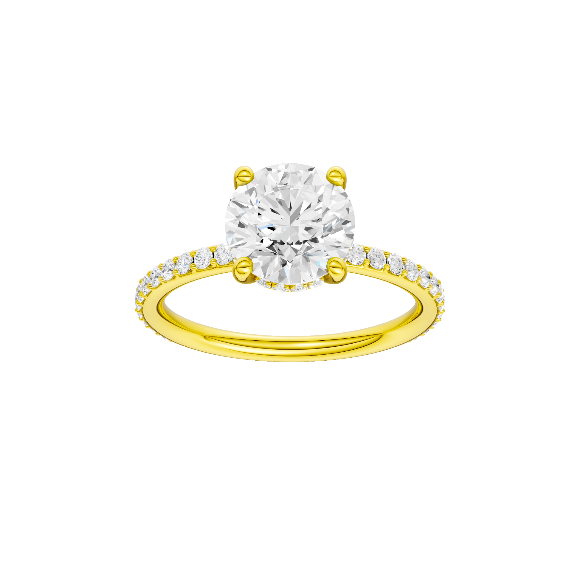 Round-cut diamond engagement ring with a prong-set diamond band and hidden-halo setting.