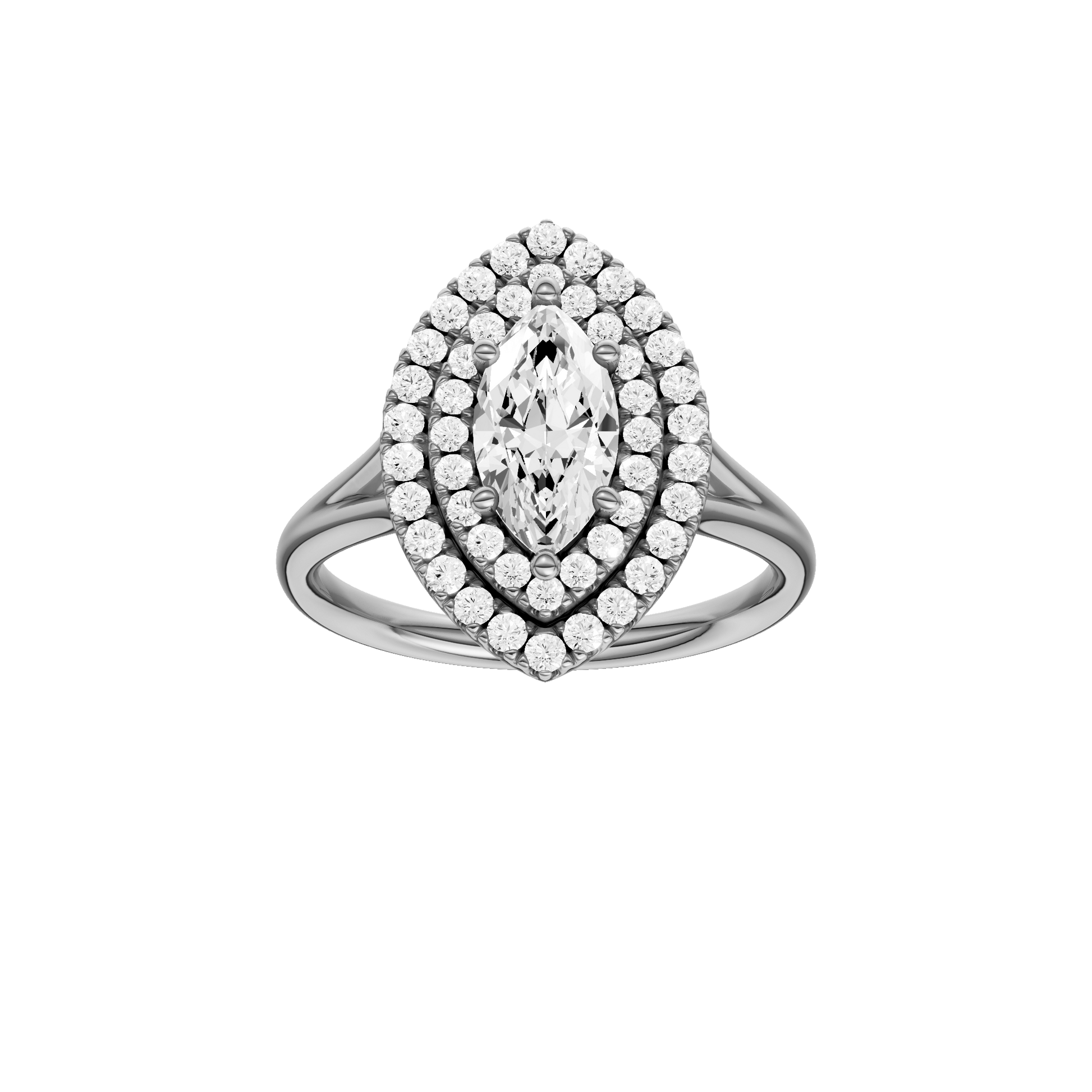 Marquise-cut diamond engagement ring with a plain band and double-halo setting.