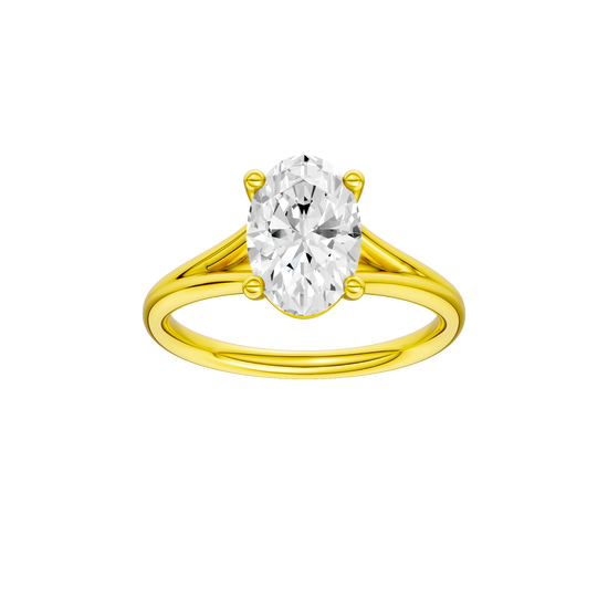 Oval-cut diamond engagement ring with a plain band and solitaire setting.