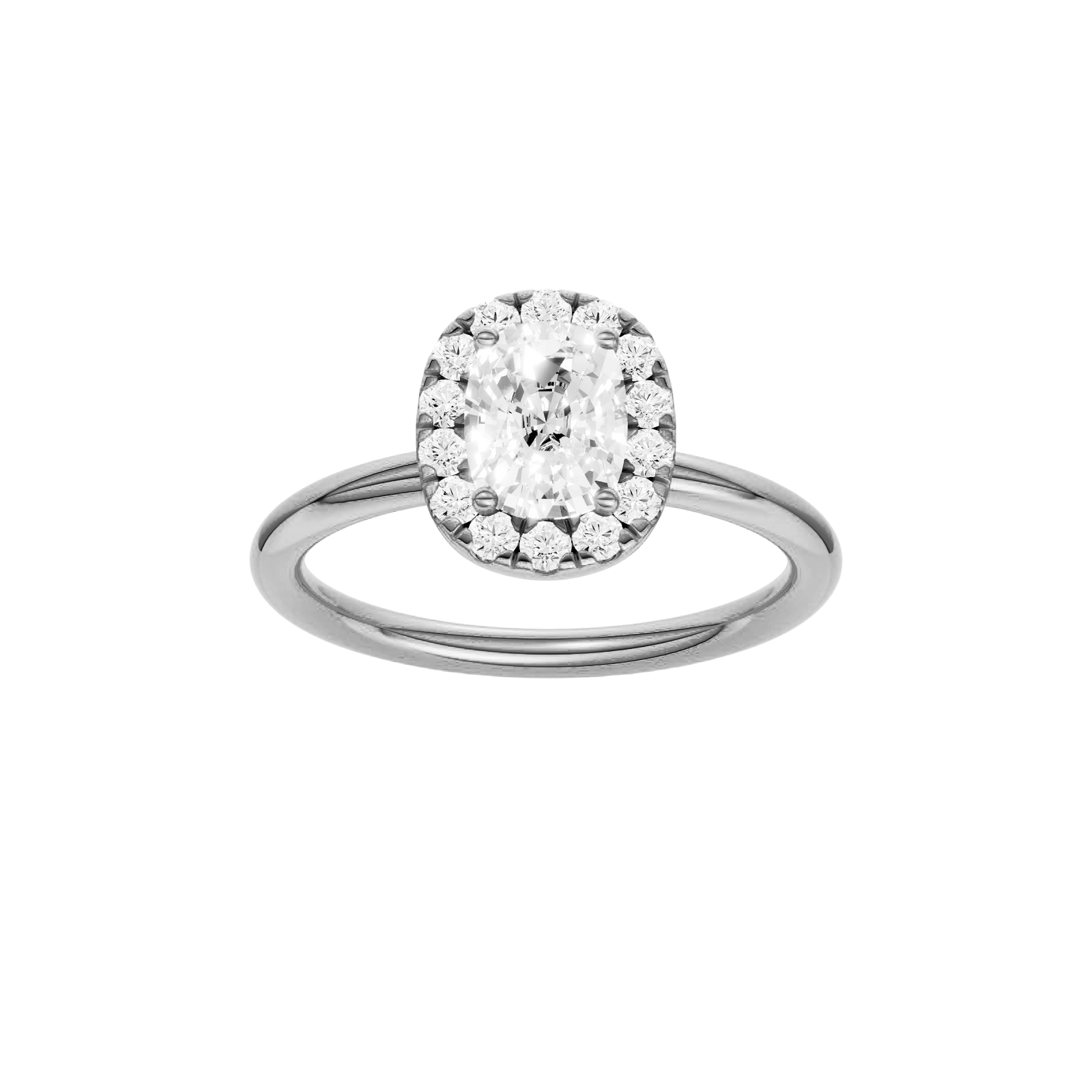 Elongated cushion-cut diamond engagement ring in 14k white gold with a plain band and halo setting