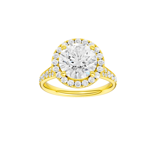 Round-cut diamond engagement ring with a channel-set diamond band and halo setting.
