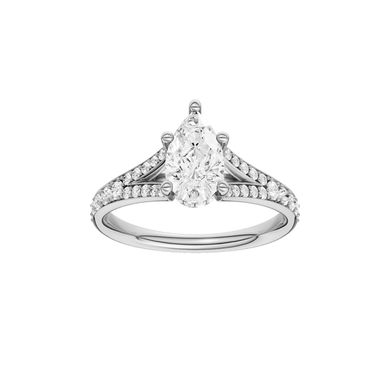 Pear-cut diamond engagement ring with a channel-set diamond band and hidden-halo setting.