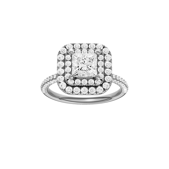 Princess-cut diamond engagement ring with a pavé-set diamond band and double-halo setting.
