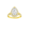 Pear-cut diamond engagement ring with a channel-set diamond band and halo setting.