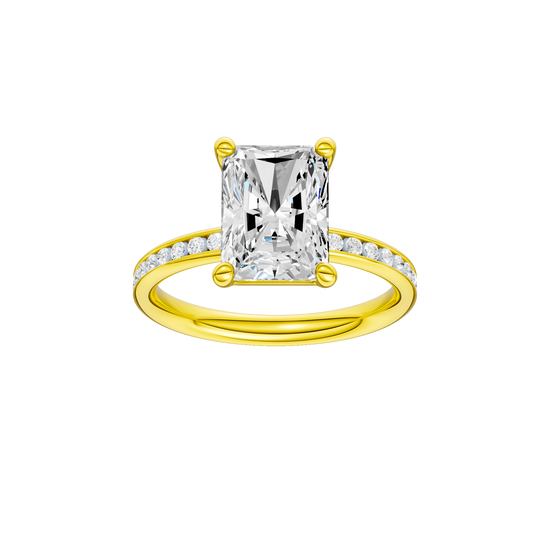 Radiant-cut diamond engagement ring with a channel-set diamond band and solitaire setting.